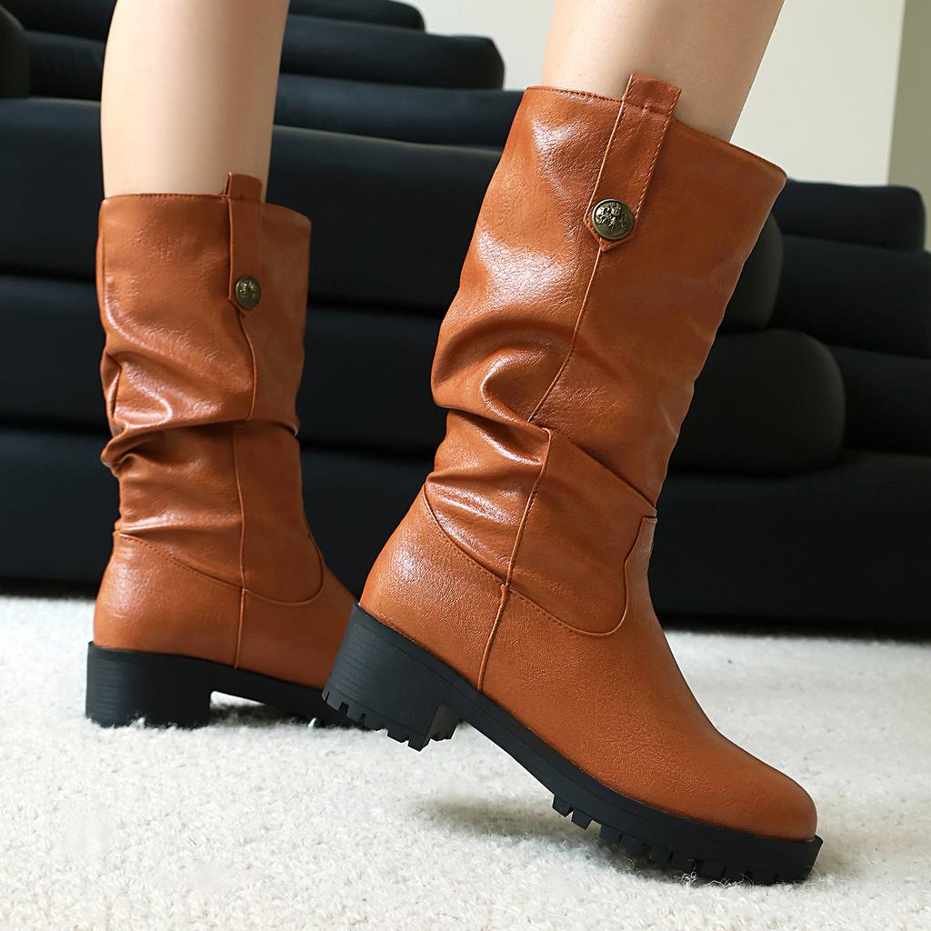 Women's Low-heeled Boots Autumn and Winter New European and American Thick-heeled Large-size Roman Medium Boots