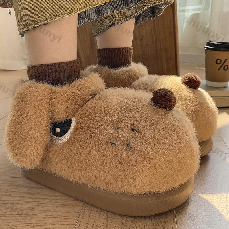 Women Winter New Cute Cartoon Dog Warm Slippers Winter Outdoor Platform Soft Plush Cotton Shoes Couples Indoor Fluffy Snow Boots