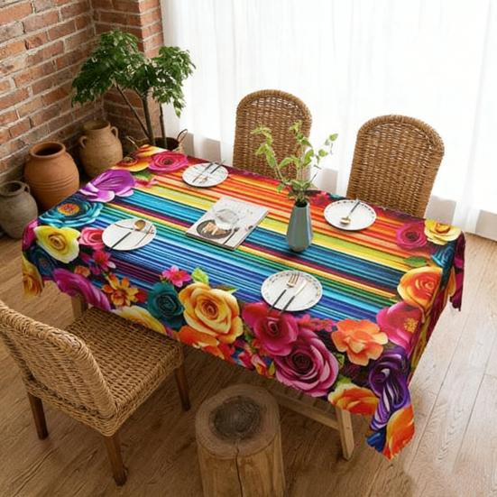 Мексиканская Цветочная Скатерть Прямоугольная Скатерть с Узором в Стиле Народного Искусства с Зубчатым Краем Цветная Цветочная Покрышка для Обеденного Стола Декор для Вечеринки