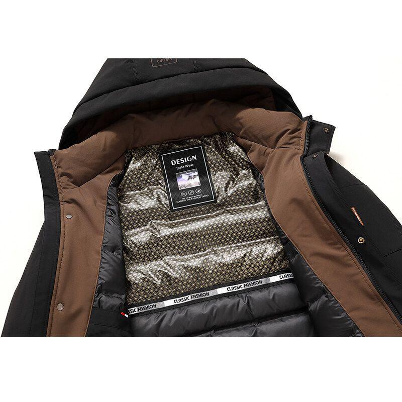 Мужская зимняя пуховая куртка с капюшоном - Теплая верхняя одежда черного, имбирного, желтого цвета