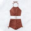 2Pcs/Set Women Summer Bikini Set Hollow Out Halter Bra High Waist Side Drawstring Swimming Trunks Set Bathing Suit Beachwear