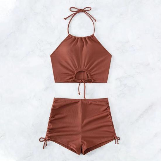 2Pcs/Set Women Summer Bikini Set Hollow Out Halter Bra High Waist Side Drawstring Swimming Trunks Set Bathing Suit Beachwear