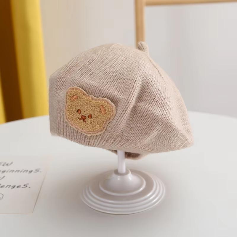 Зимний вязаный берет для малыша, милая мультяшная шапка художника с медведем для младенца, осенне-зимняя теплая шерстяная детская шапка художника