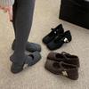 2025 Spring and Summer New Retro Woolen French Thick Heel Single Shoes Women's One-word Buckle Mary Jane Shallow Mouth Square Head Shoes
