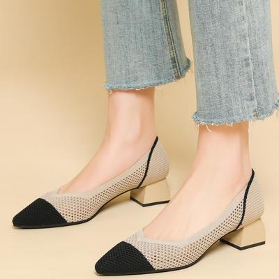 Женские туфли больших размеров на толстом каблуке, простые вязаные туфли, повседневные туфли с открытым носком, массивные рабочие туфли, однотонные, размеры 34-43