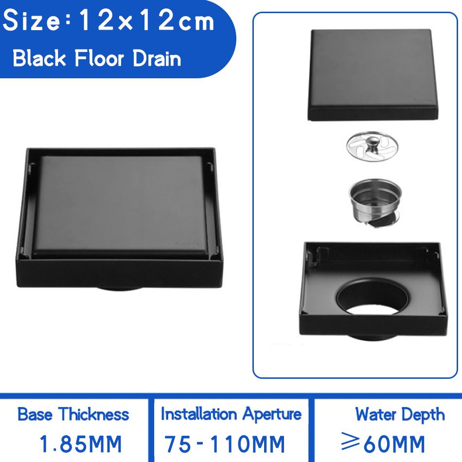 Невидимый слив для пола из нержавеющей стали 304, черный матовый слив для душа в ванной, квадратный фильтр для отходов, сливы для пола 10/11/12/15 см