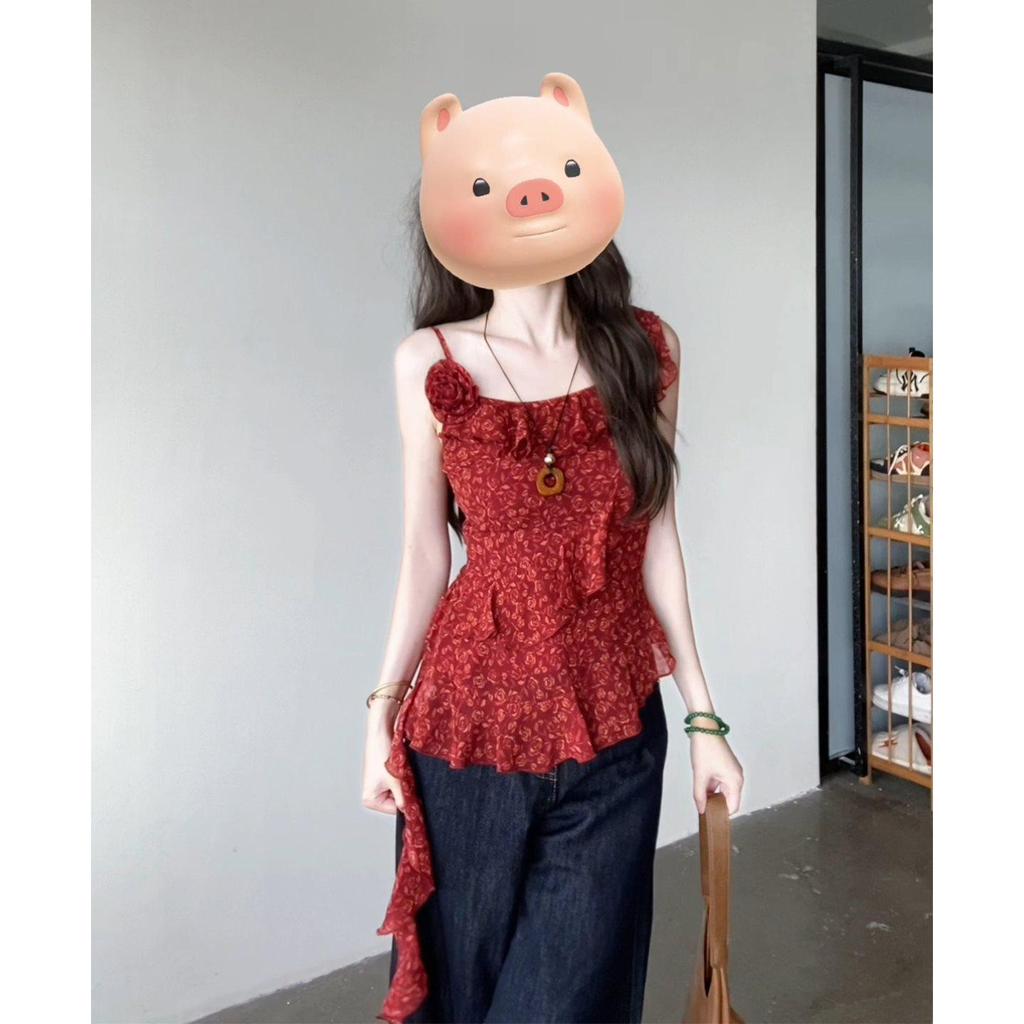 Women's French Retro Ruffle Red Camisole - Summer 2025 Irregular Pretty Top