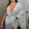 Новое европейское и американское spliced sequined neck halter skirt with split ends and slim fit, light and familiar style V-neck sexy dress
