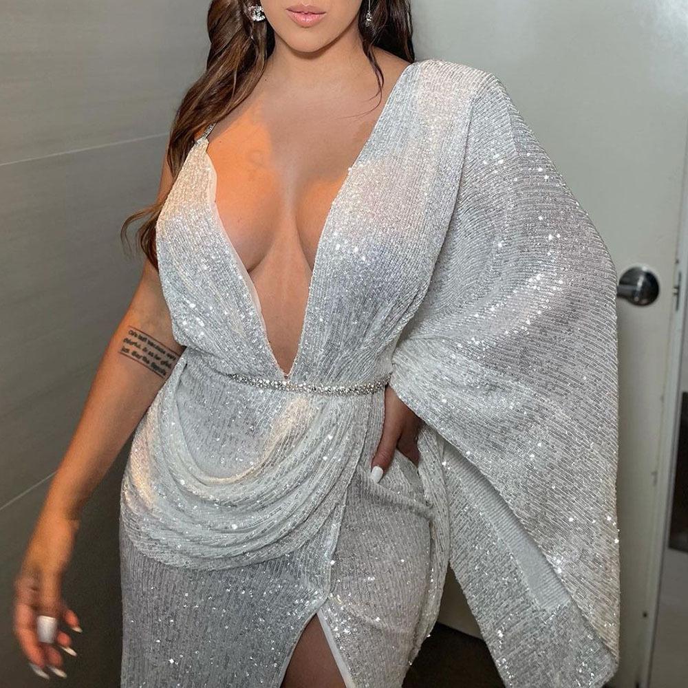 Новое европейское и американское spliced sequined neck halter skirt with split ends and slim fit, light and familiar style V-neck sexy dress