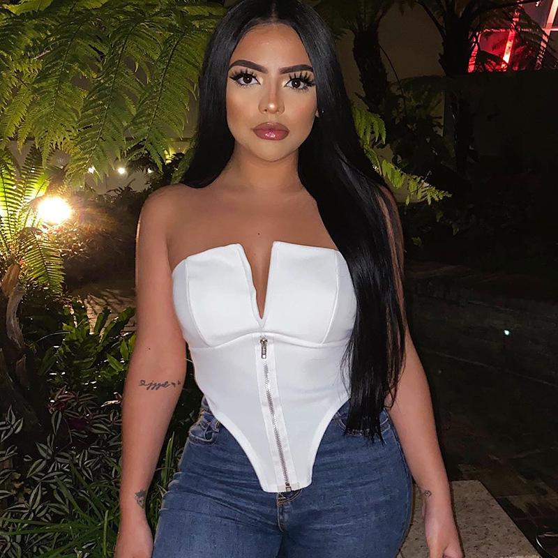 Европейский и американский 2020 Летний Женский Сексуальный Облегающий Топ без Бретелей на Молнии