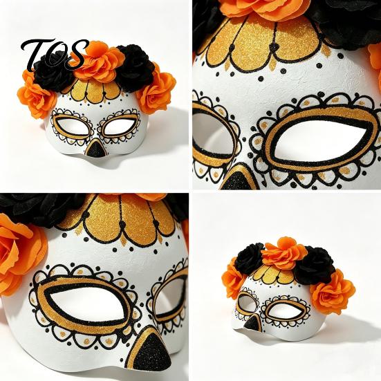 Comfortable Halloween Face Masque Masquerade Masque, Flower Skull Mexican Day of The Dead Adjustable Half Eye Cushion for Costume, Fancy Dress,