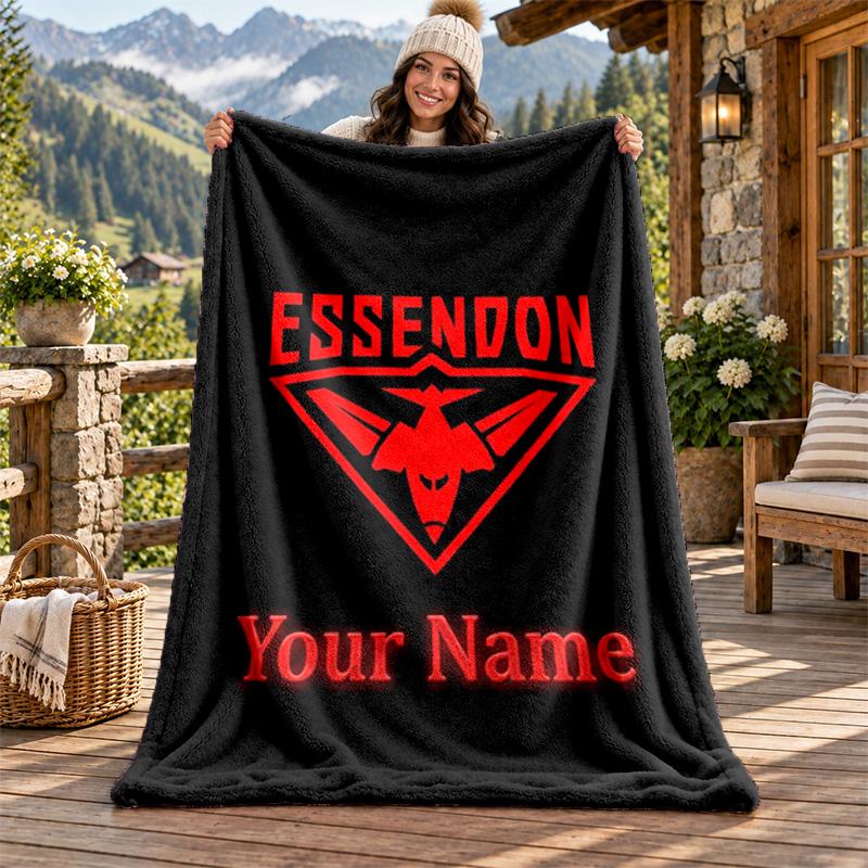 Essendon FC Custom Name Flannel Blanket Personalized Soft Warm Plush Throw Blanket Customized Gift for Family Friends