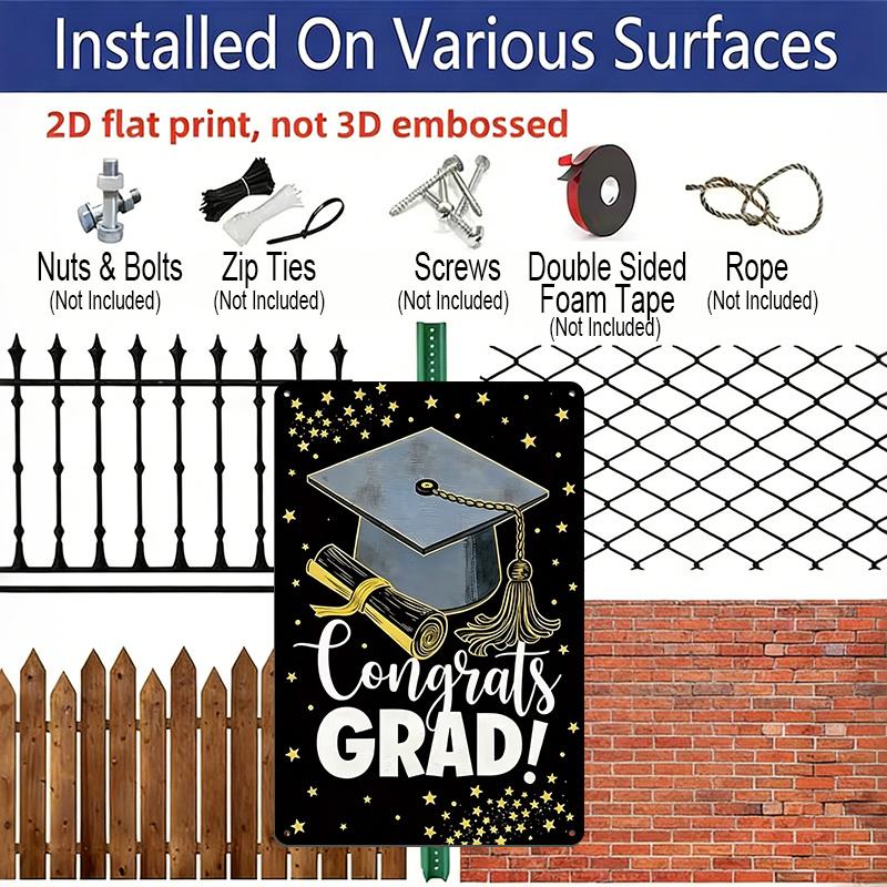 2D Flat, 1pc "Congrats Grad!" Metal Wall Art Sign with Graduation Cap & Diploma - 8*12 Inch Aluminium Black & Gold Graduation Decor, Stars Themed
