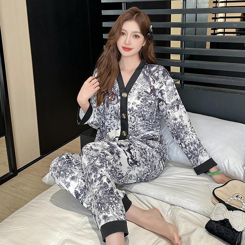Новые осенние женские пижамы больших размеров с черным чернильным принтом, с длинными рукавами и V-образным вырезом, комплекты домашней одежды, стильные модные повседневные пижамы