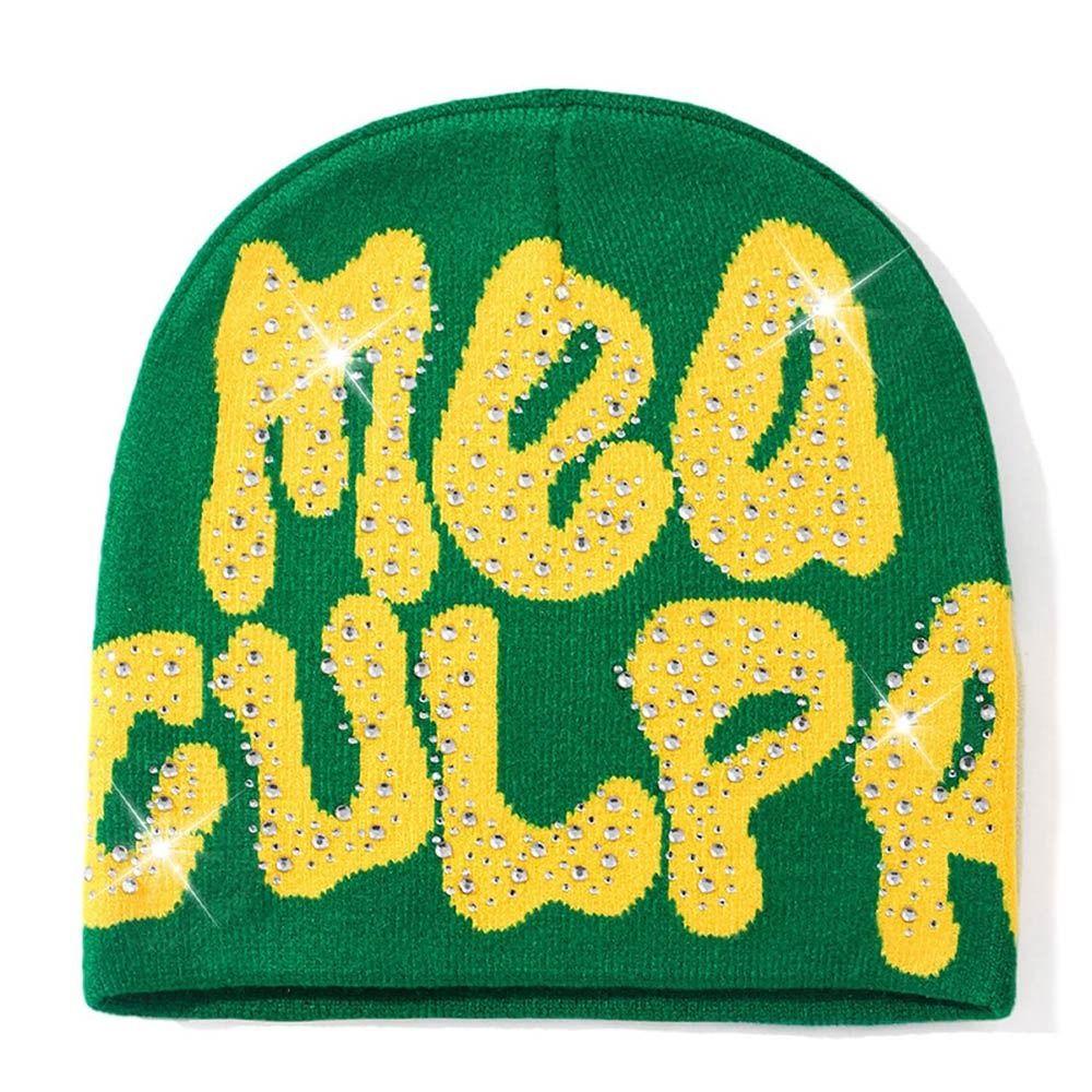 Trendy Stretch MEA Culpa Beanies Hat with Rhinestone Warm Soft y2k Beanies Hats Knitted Hip-hop Hat for Women Men