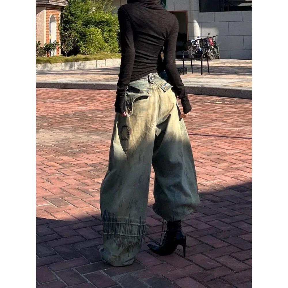 ZYLLO Американские джинсы Y2K с нашивкой, вышивка иглой, тяжелая промышленность, широкий крой, ретро, грязное окрашивание, варка, свободные, модные, повседневные, с высокой талией