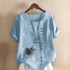 Women's Fashion Round Neck Short Sleeve T-shirt Casual Cotton Linen Graphic Shirt Leisure Loose Crow Prined Summer Blouse Tops