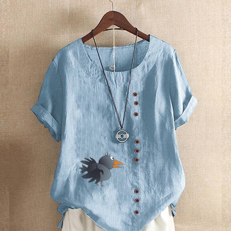 Women's Fashion Round Neck Short Sleeve T-shirt Casual Cotton Linen Graphic Shirt Leisure Loose Crow Prined Summer Blouse Tops