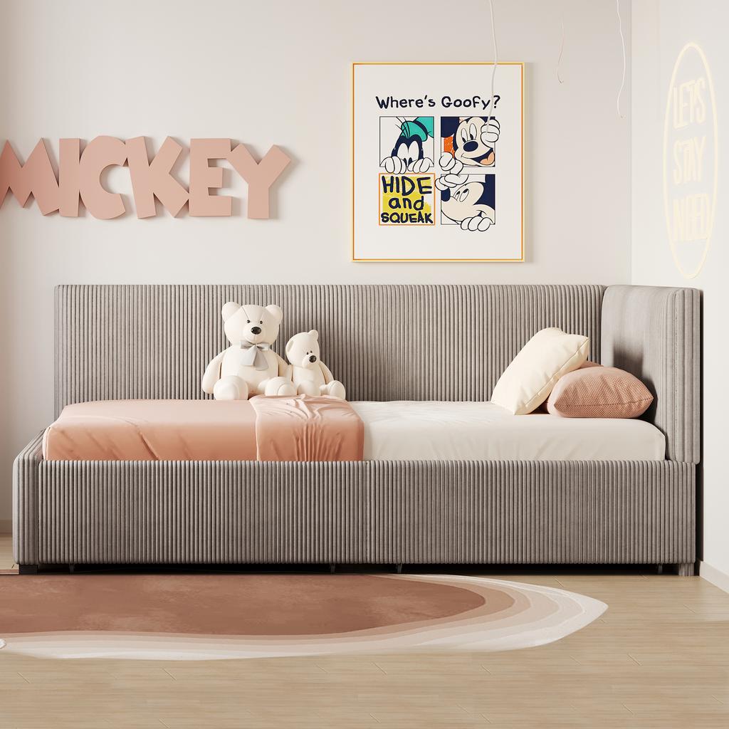 Upholstered Bed Sofa Bed 90*200 Multifunctional Bed with 2 Large Storage Drawers and Slatted Frame Skin-friendly Velvet Fabric Grey