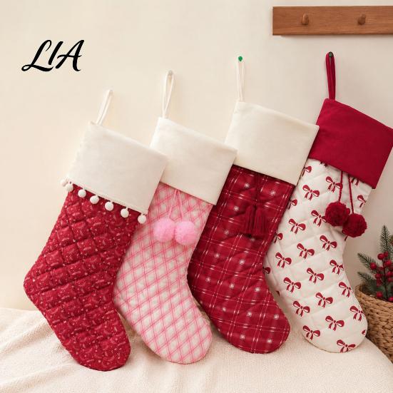 Reusable Flannel Candy Bags Christmas Stockings, 18 x 10 Inch Large Quilted Hanging Rustic Farmhouse Holiday Decor Decorative Xmas Gift for Fireplace