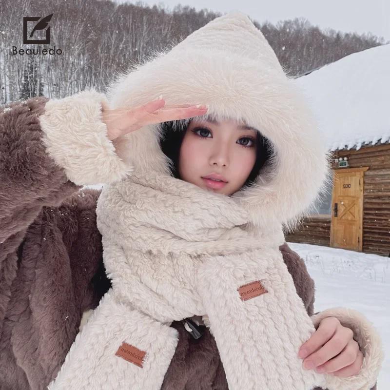 Женский зимний комплект из плюша «все в одном»: Шапка-медведь с шарфом и перчатками — корейский стиль велоспорта на открытом воздухе