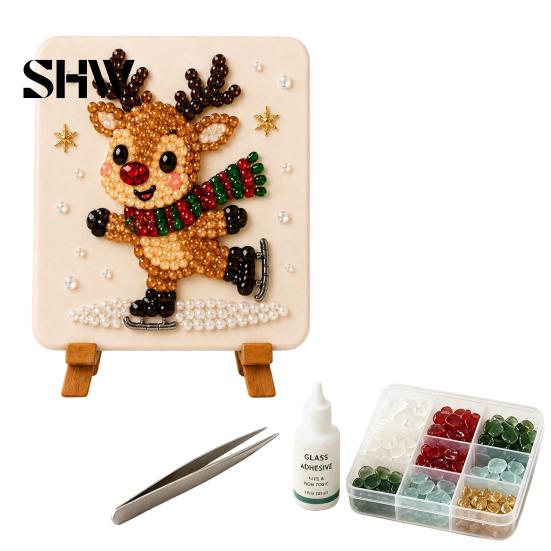 Family Activity Kit Christmas Mosaic Art Kit, DIY Sea Glass Santa Creative Leisure Projects Reindeer Artwork Craft for Home Decor, Handmade