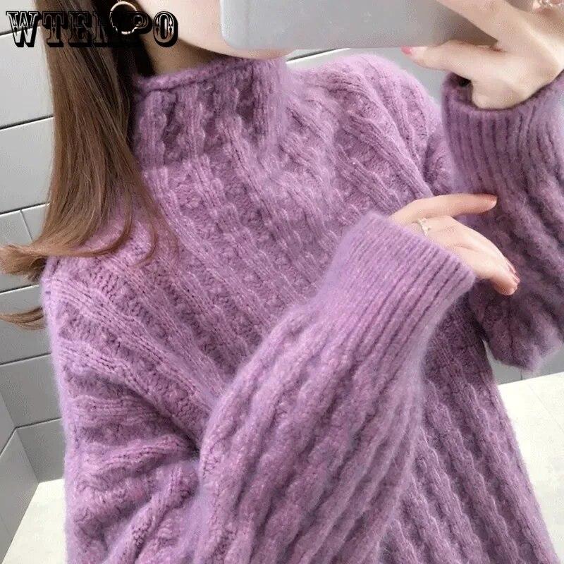 Женский свитер с высоким воротником, утепленный теплый осенне-зимний свободный пуловер, женский джемпер большого размера в фиолетовую вязаную полоску