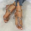 Women's Flower Rhinestone Decor Sandals, Square Toe Elastic Band Transparent Chunky Heels, Fashion Going Out Summer Sandals