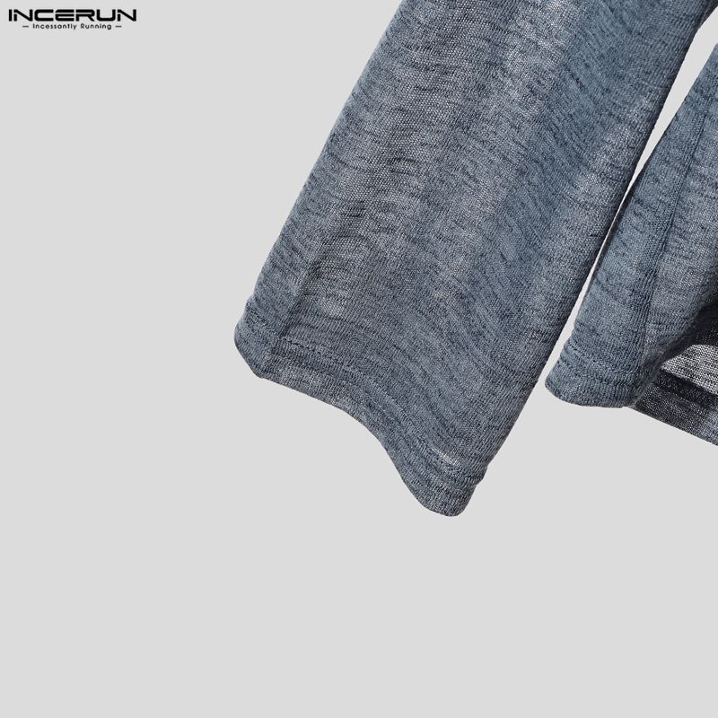 INCERUN Мужские прозрачные топы и футболки оверсайз с длинным рукавом, свободного кроя, с капюшоном на шнурке