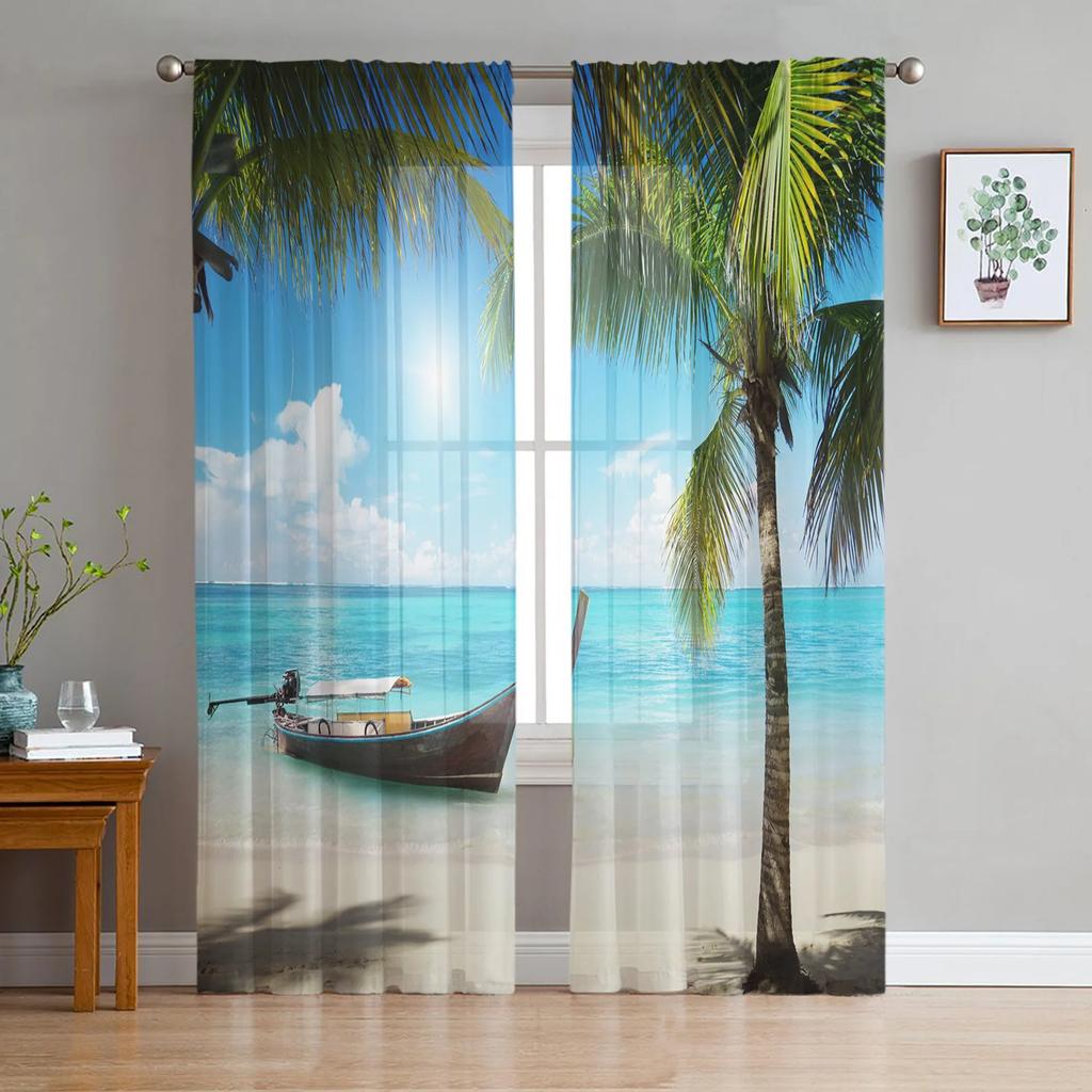 Sand Beach Waves Palm Trees Sheer Curtains for Living Room Decoration Tulle Voile Organza Window Curtains for Kitchen Bedroom