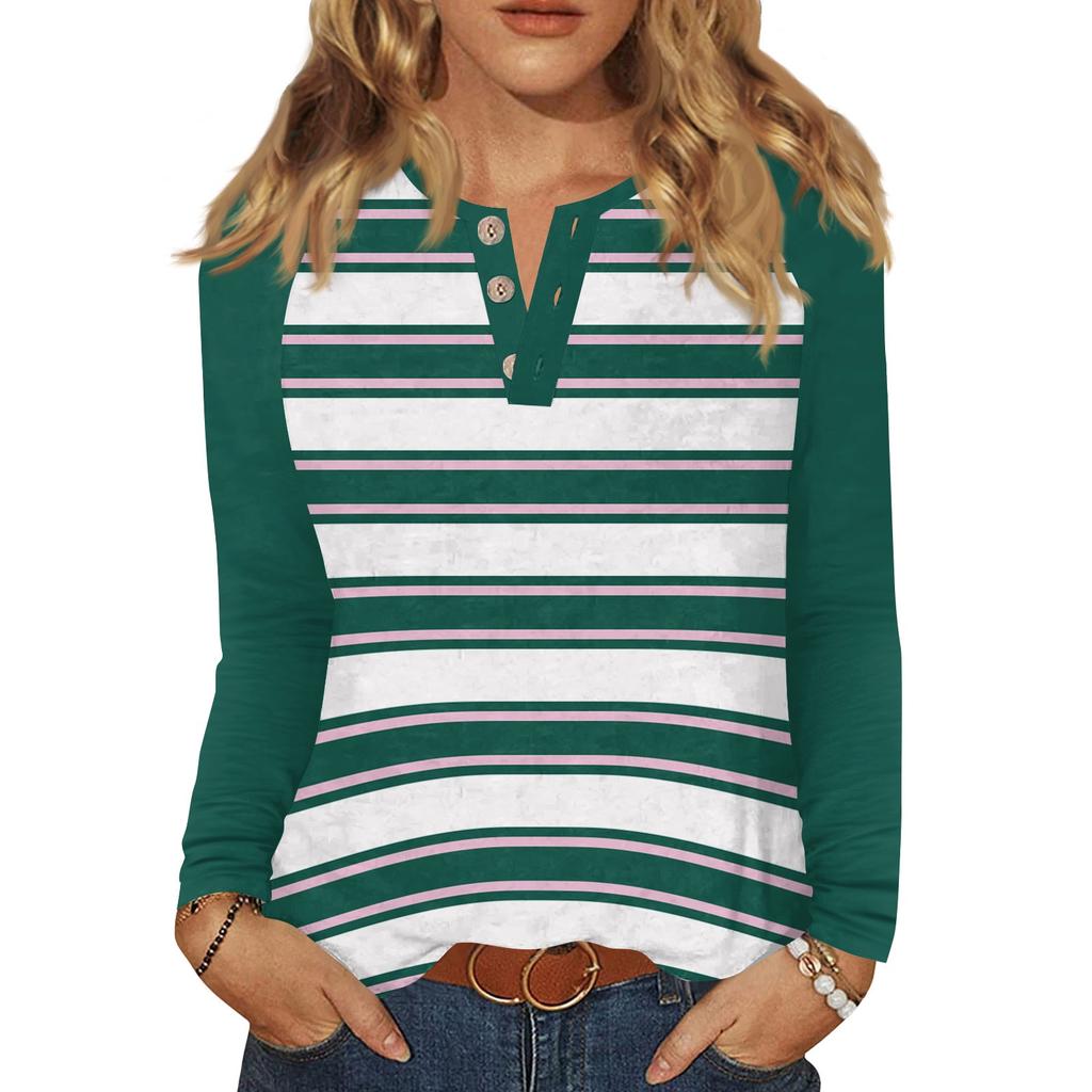 Женская футболка с принтом, на пуговицах, с длинным рукавом, повседневная, для выходных, модная, базовая, с V-образным вырезом, обычный топ