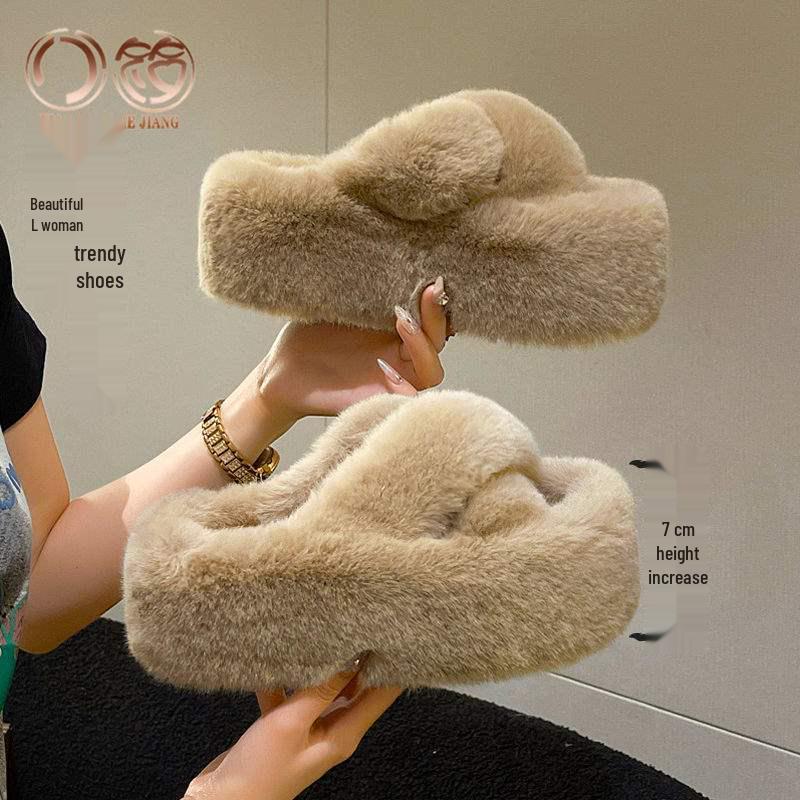 Трендовые уличные женские шлепанцы на толстой подошве с мехом - Увеличивающие рост, Универсальные, Плюшевый хлопок Весна/Осень 2025