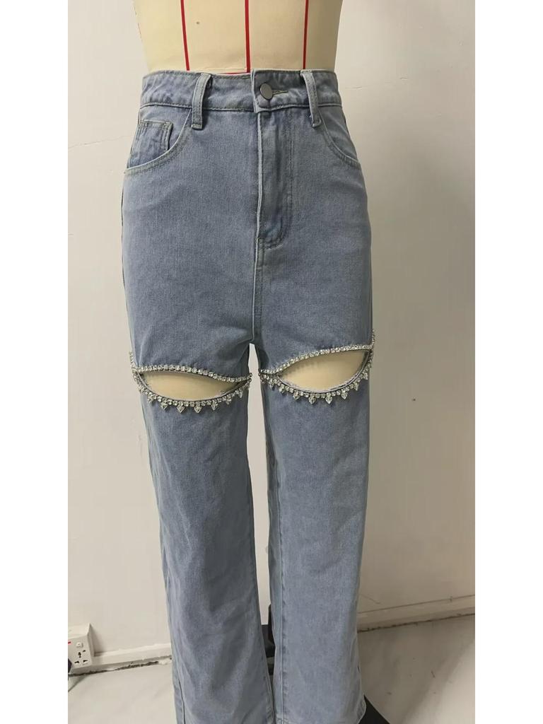 Женские джинсы прямого кроя с высокой талией, цепочкой и выцветшей отделкой 2025 года