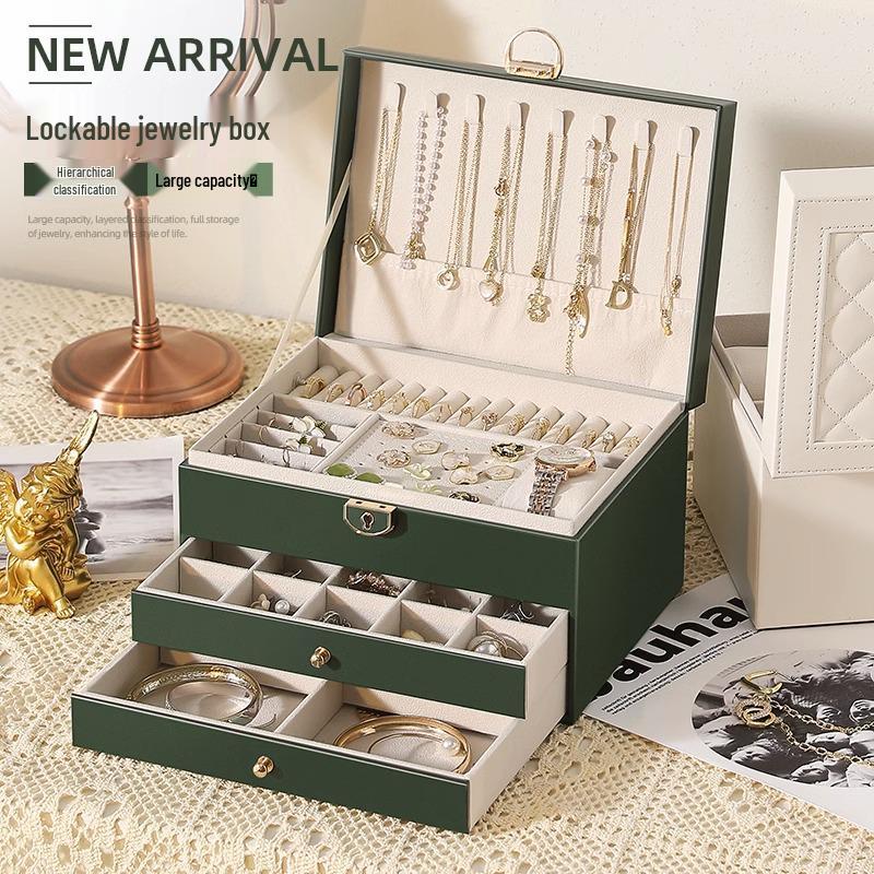 Luxurious Large-Capacity Jewelry Storage Box for Necklaces, Earrings, Bracelets, and Rings In Exquisite Gold Design.