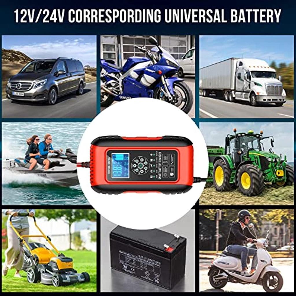 Автомобильное зарядное устройство на 10 А. Автомобильное зарядное устройство на 12 В/24 В. Полностью автоматическое интеллектуальное зарядное устройство с сенсорным ЖК-экраном для автомобиля, мотоцикла, газона.