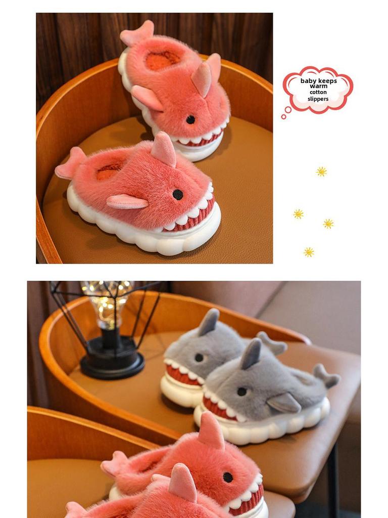Тапочки из хлопка с рисунком акулы для мальчиков: Мягкая, теплая, нескользящая зимняя обувь для ношения в помещении