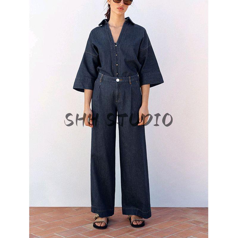 Wide Sleeve Lapel Casual Denim Shirt 2783781 Wide Leg High Waist Minimalist Casual Casual Pleated Pants 2881781