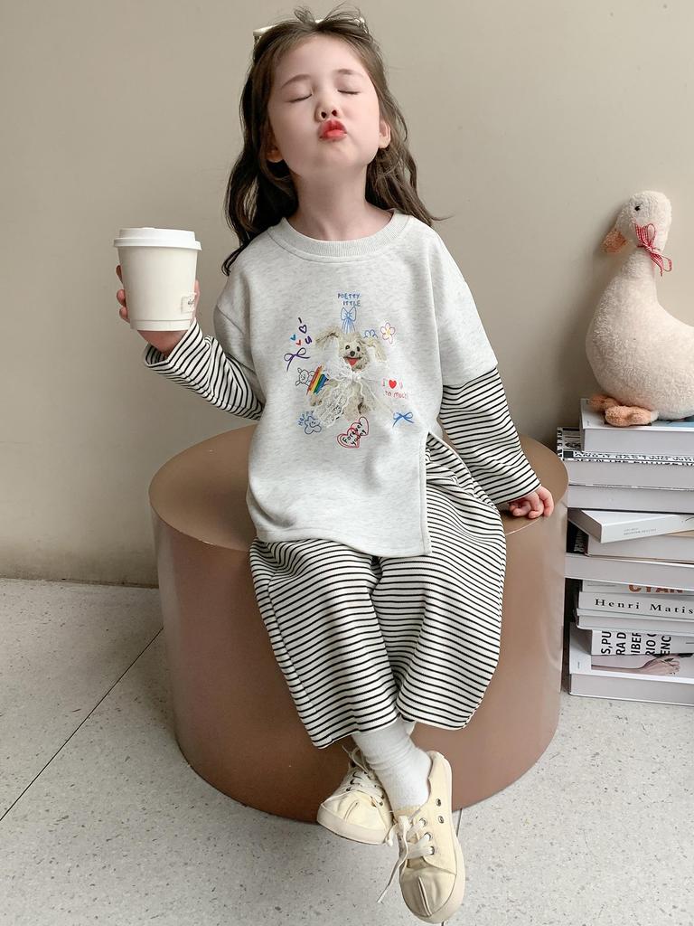 Осень 2025 Комплект для девочек свитшот и спортивные штаны с цветными блоками - Полосатый костюм-двойка с длинным рукавом