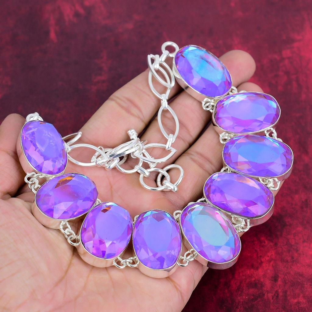 Mystic Topaz 925 Solid Sterling Silver Necklace, Handmade Gemstone Jewelry Necklace, For Memorial Day