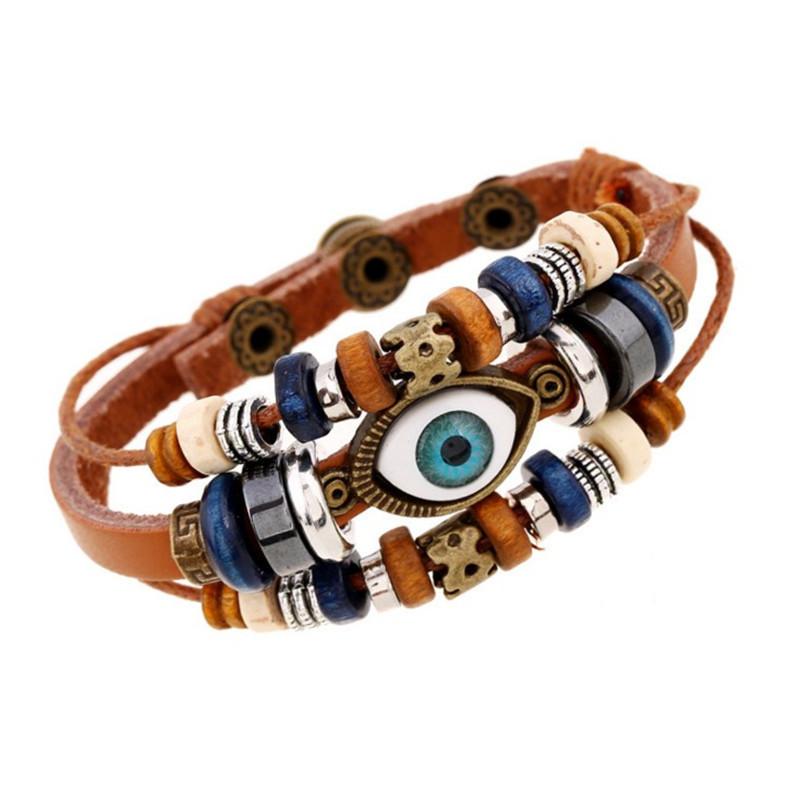 Unisex Vintage Leather Beaded Eye Adjustable Bracelet Handmade Fashion Jewelry Accessory for All Occasions