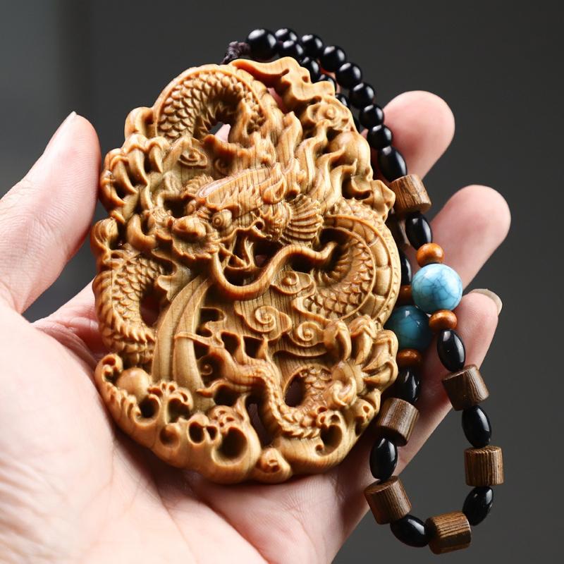 1pc Cliff Cypress Wood Double Sided Carved Dragon Tag Pendant Car Mounted Pendant Feng Shui Accessories Woodcarving Handicrafts