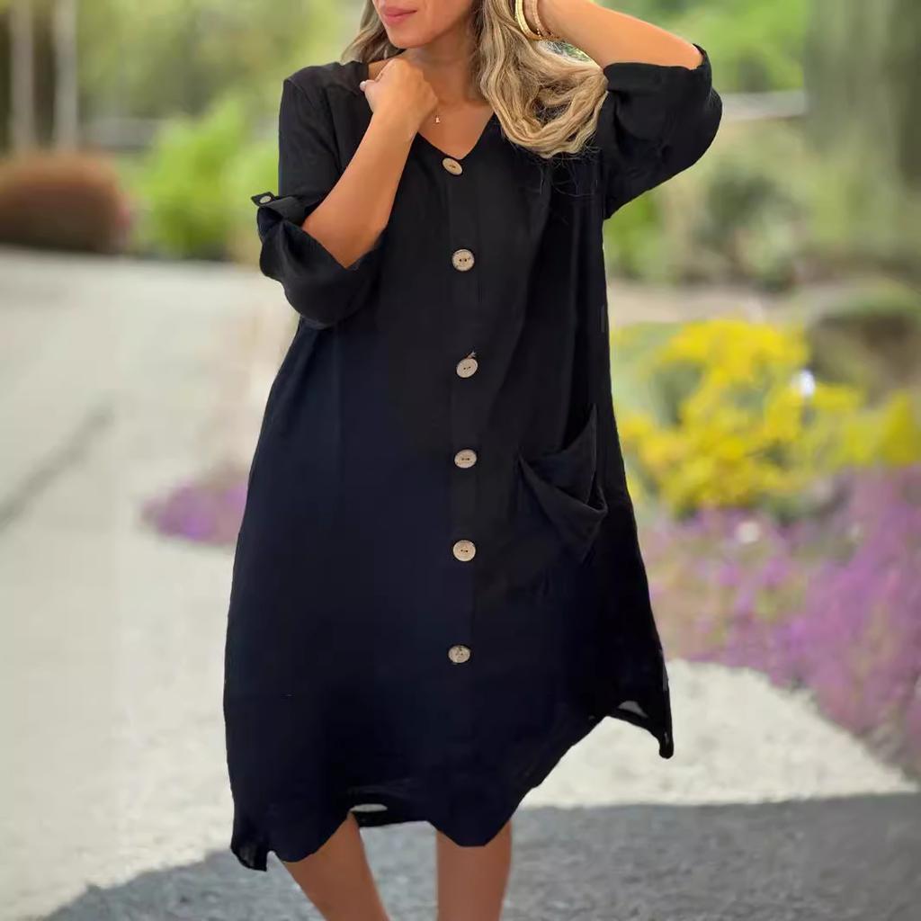 Весенне-осеннее женское платье больших размеров, повседневные длинные платья со свободными карманами и пуговицами