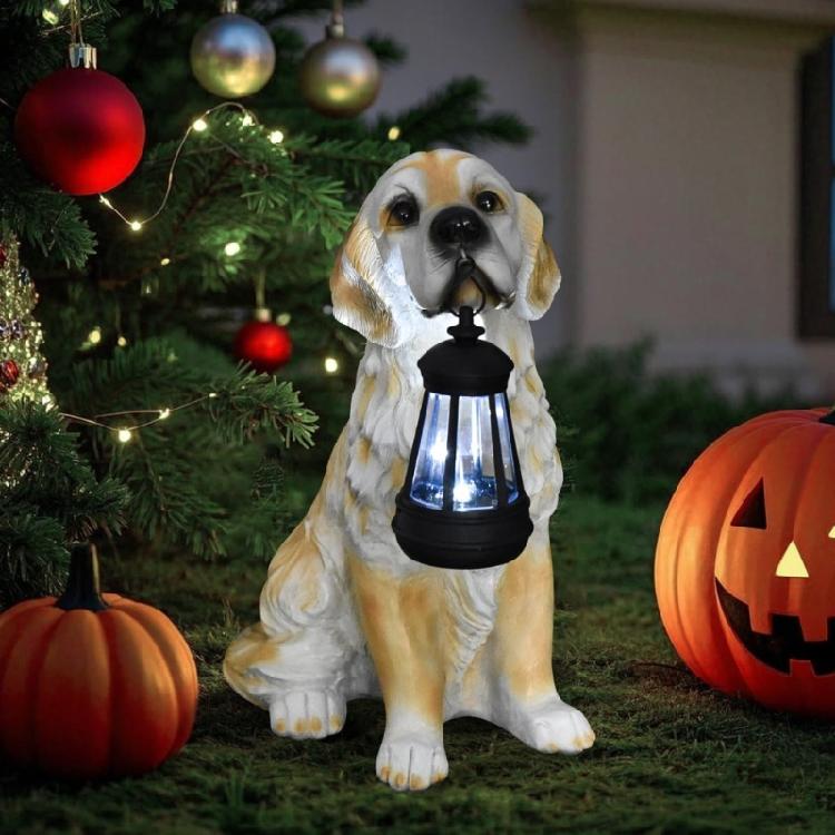 Outdoor Decors Garden Statue Cute Dog Figurine with Solar Light Waterproof Sculpture Gift for Patio Yard Porch