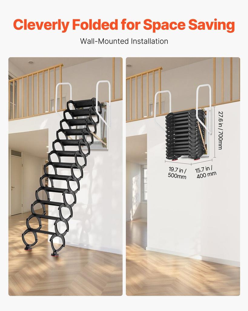 Attic Ladder Wall-Mounted, 660LBS/299.4KG Capacity, Fits 9.5 to 10 ft Ceiling Height, 12-Step Steel Folding Stairs with Handrails, Pull Down Attic