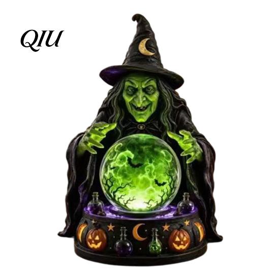 Decorative Window Ornament LED Lighted Halloween Faux Crystal Ball Decoration, Resin Witch/Skeleton/Cat/Ghost Figurine with Detailed Claw Bone