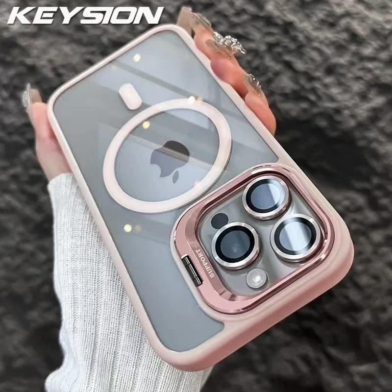 KEYSION Magnetic Transparent Phone Case for MagSafe for iPhone 15 16 Pro Max 16 Plus 16e Lens Protector Metal Stand Shockproof Cover