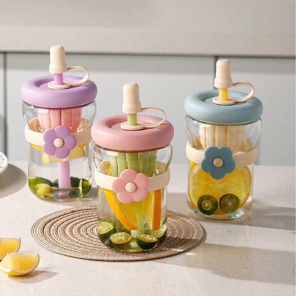 Flower Patch Straw Cup Portable Water Bottle Cartoon Glass Water Cup for Boys and Girls