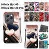 Handmade PU Leather Flip Case for Infinix Hot 40 / Hot 40 Pro Anti-Slip Shockproof Cover with Wrist Strap & Heart/Rose Cat Designs