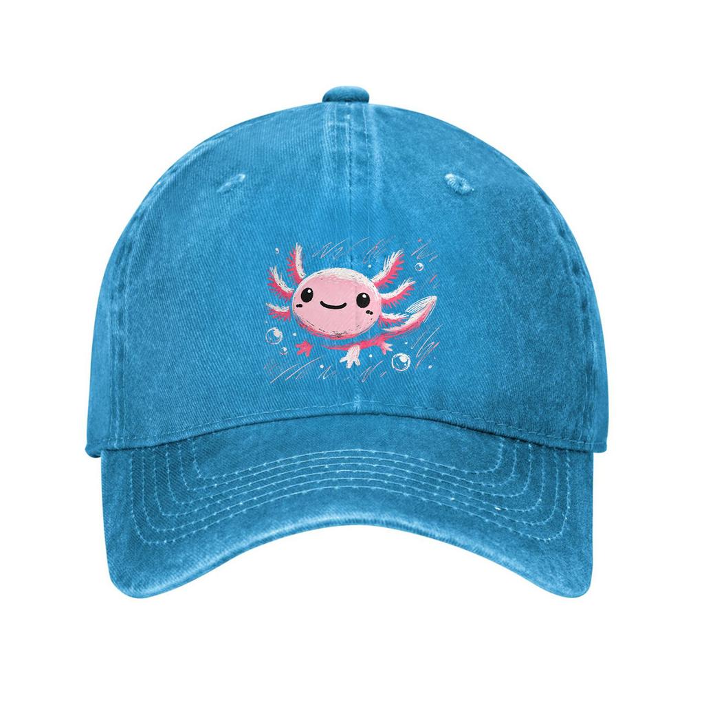 Cute Axolotl Print Baseball Cap Adjustable Cotton Dad Hat Unisex Casual Cartoon Salamander Design Outdoor Snapback