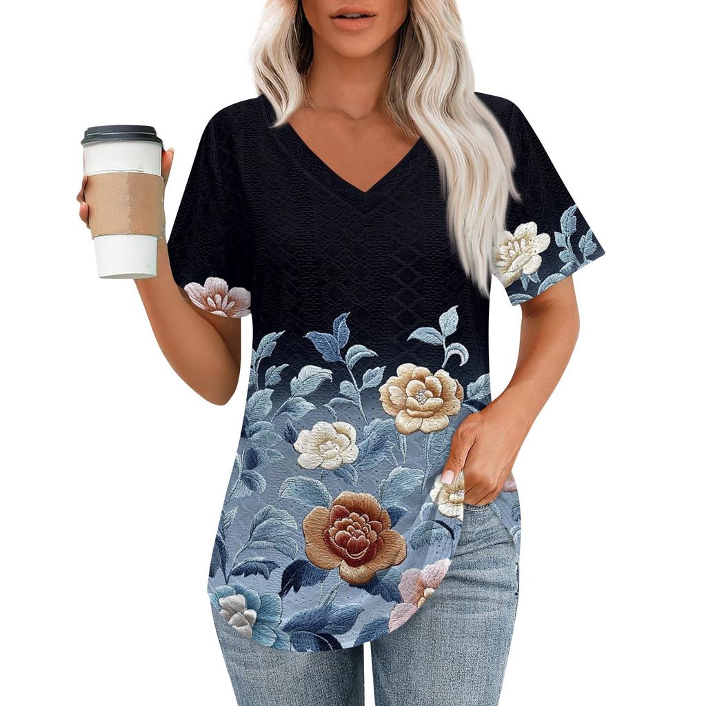 Womens T Shirts V Neck Short Sleeve Casual Tops Loose Fit Basic Tees With Curved Hem